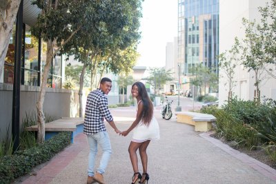 A couple walking together in the city