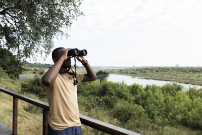 Black man watching wildlife through binoculars