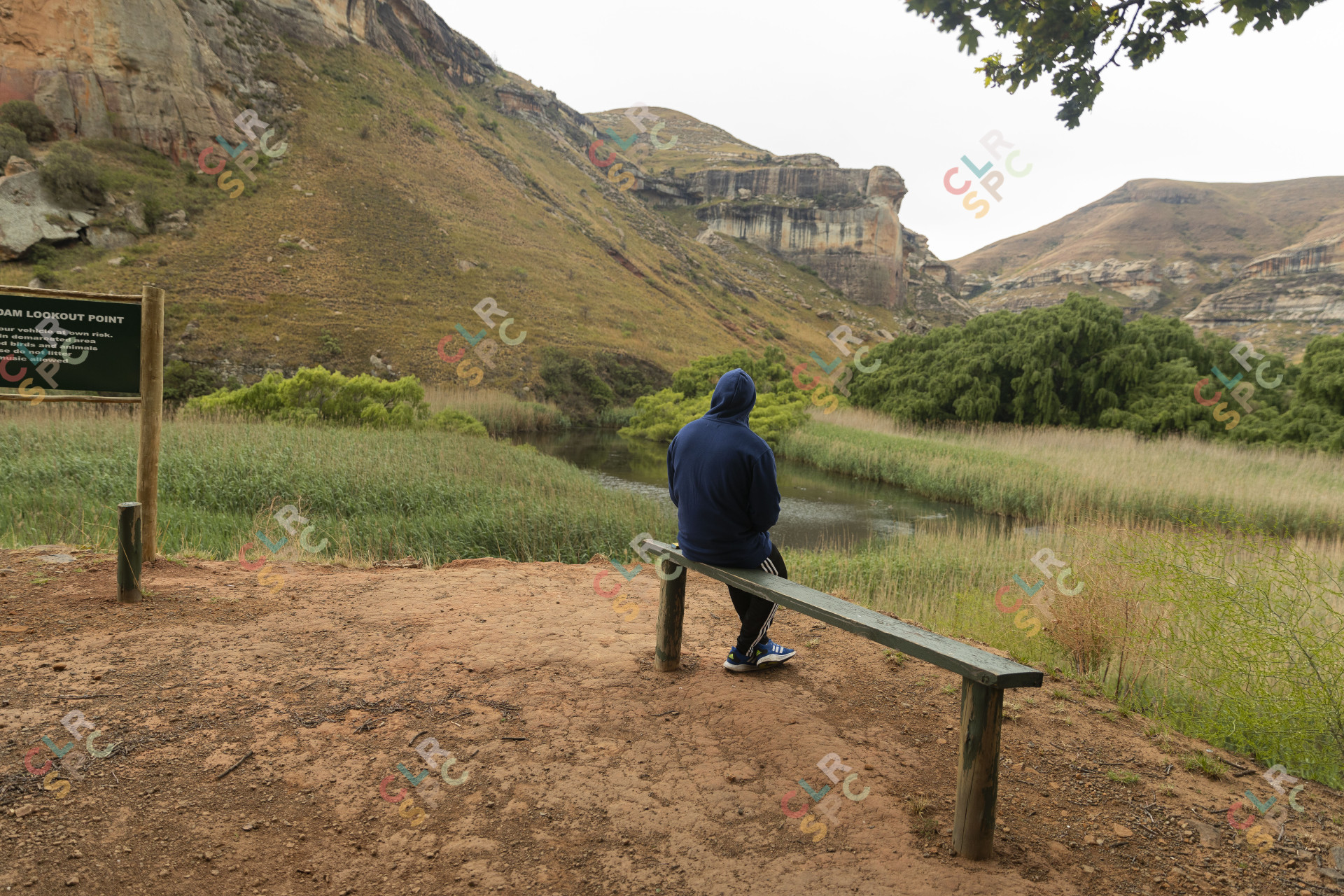 Black man sitting watching the mountains