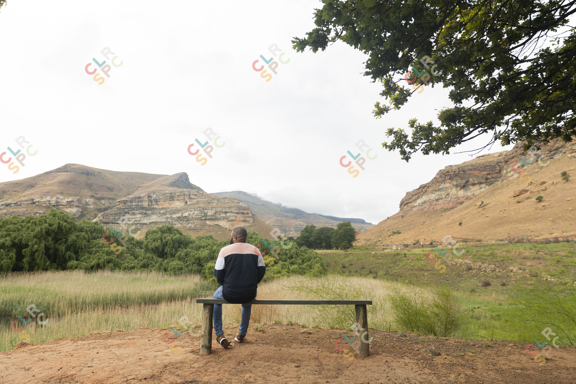 Black man sitting watching the mountains