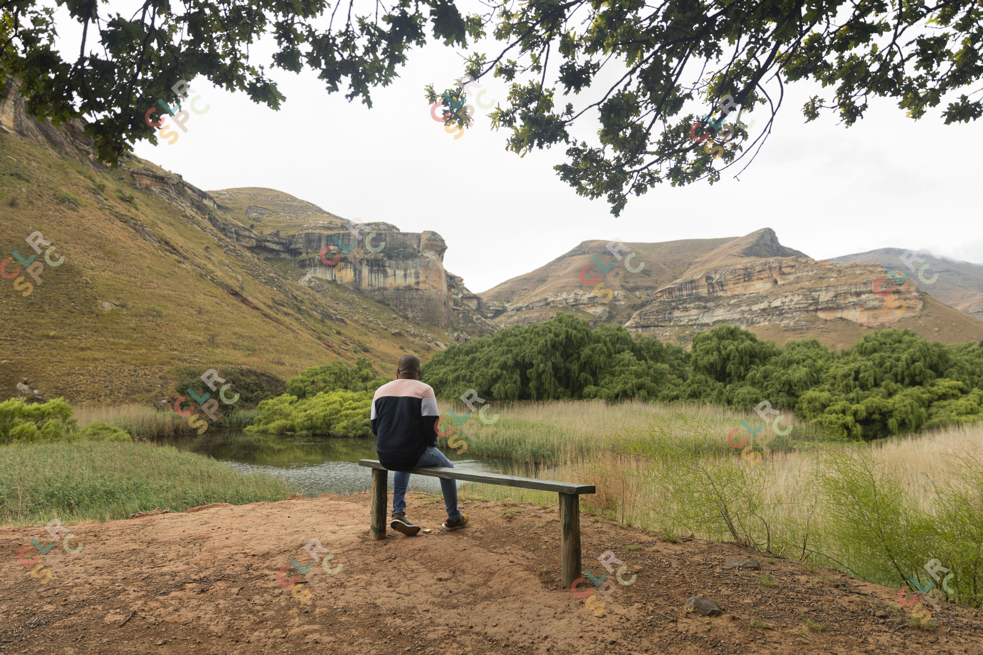 Black man sitting watching the mountains