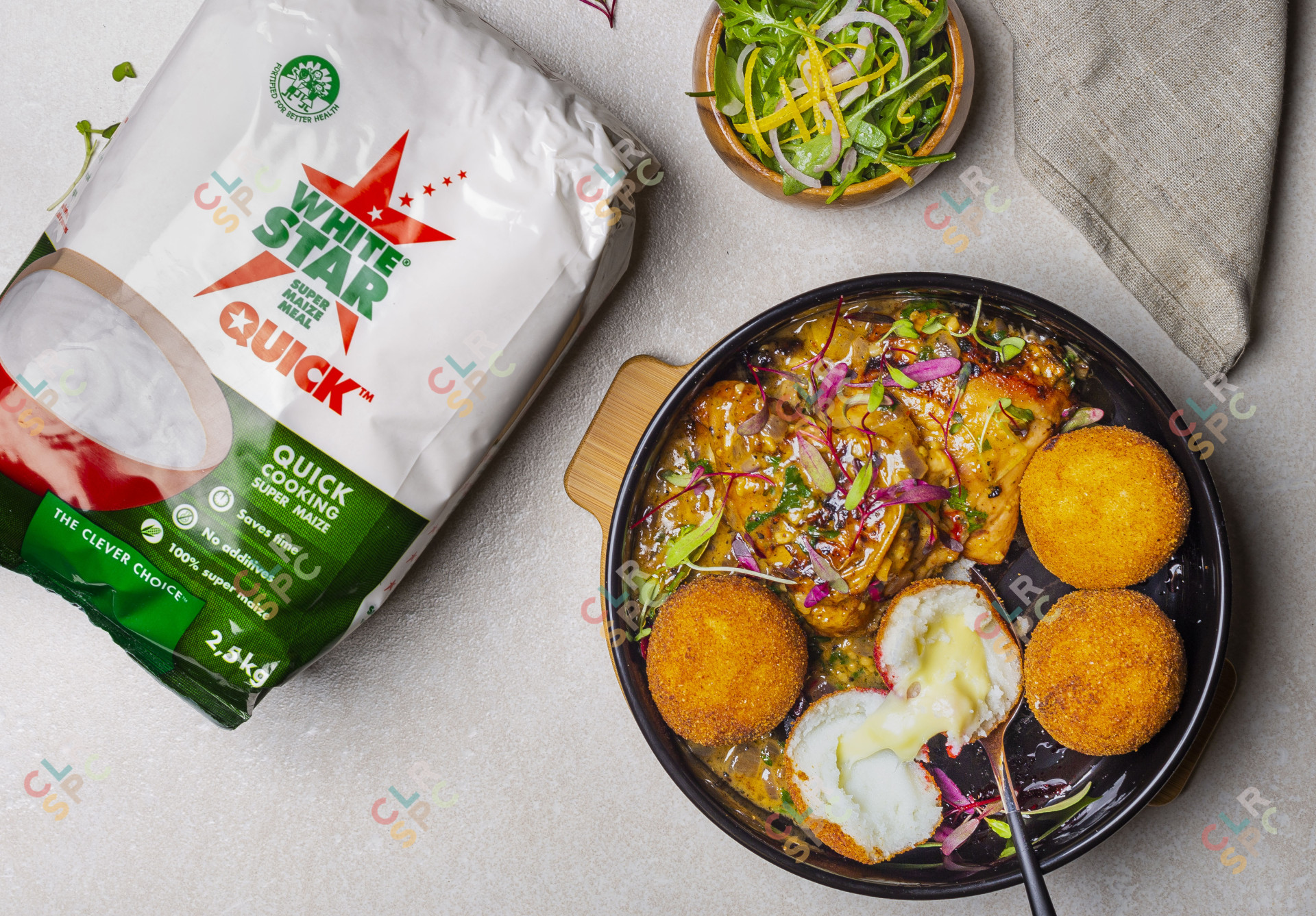 Flatlay of African food made with white star