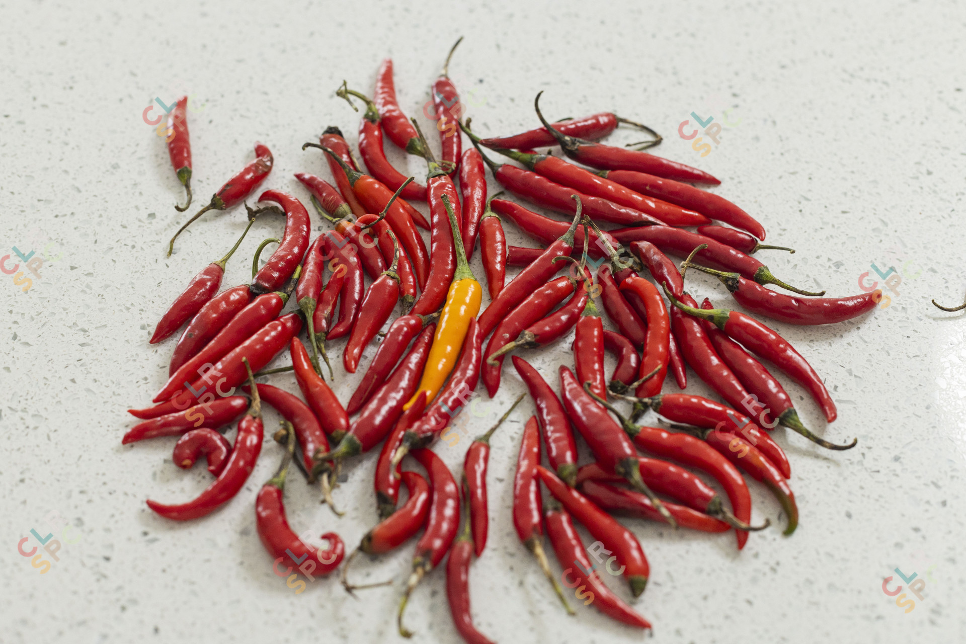 Yellow chilli in the middle of red chillis