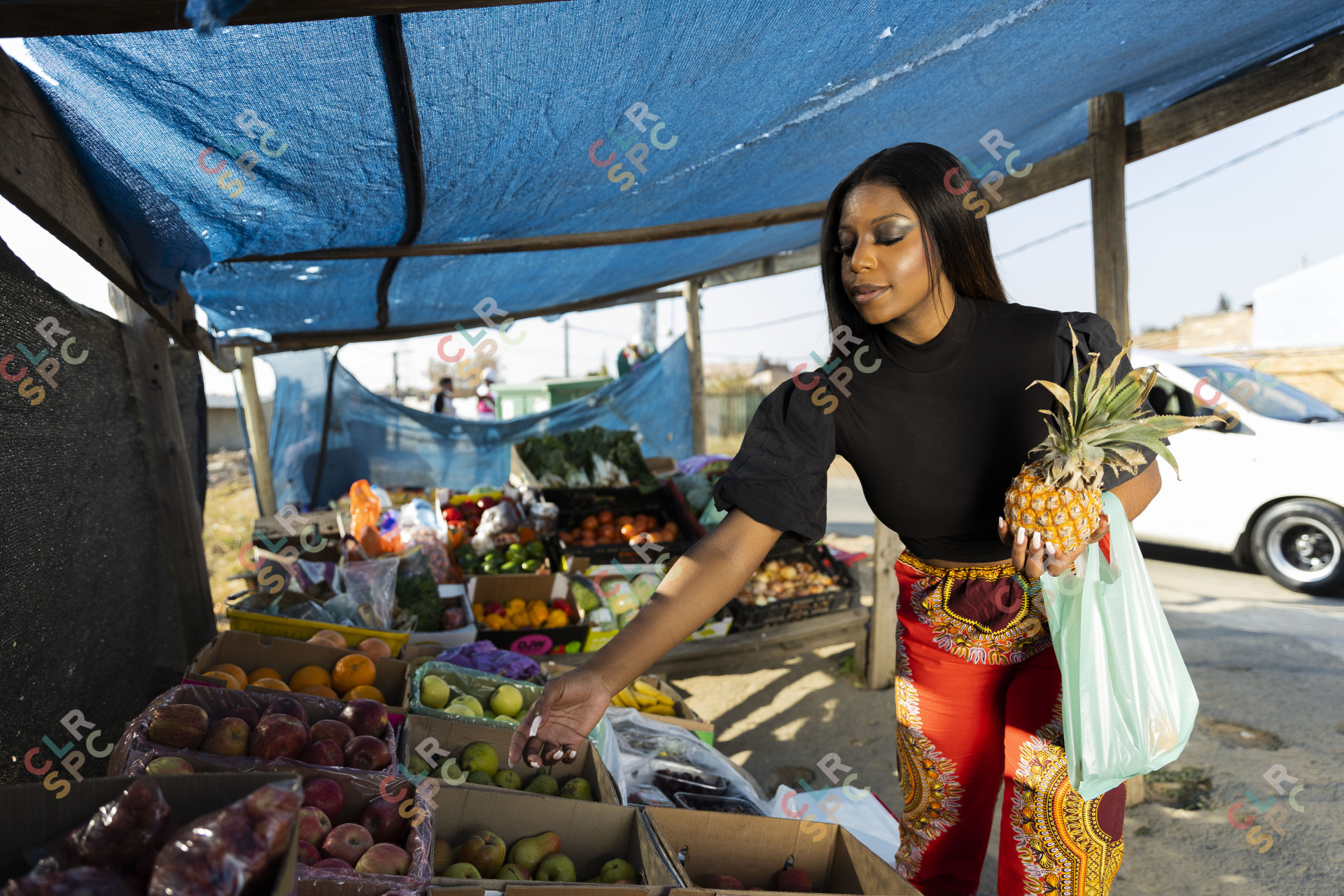 Black woman buying fruits at the local market