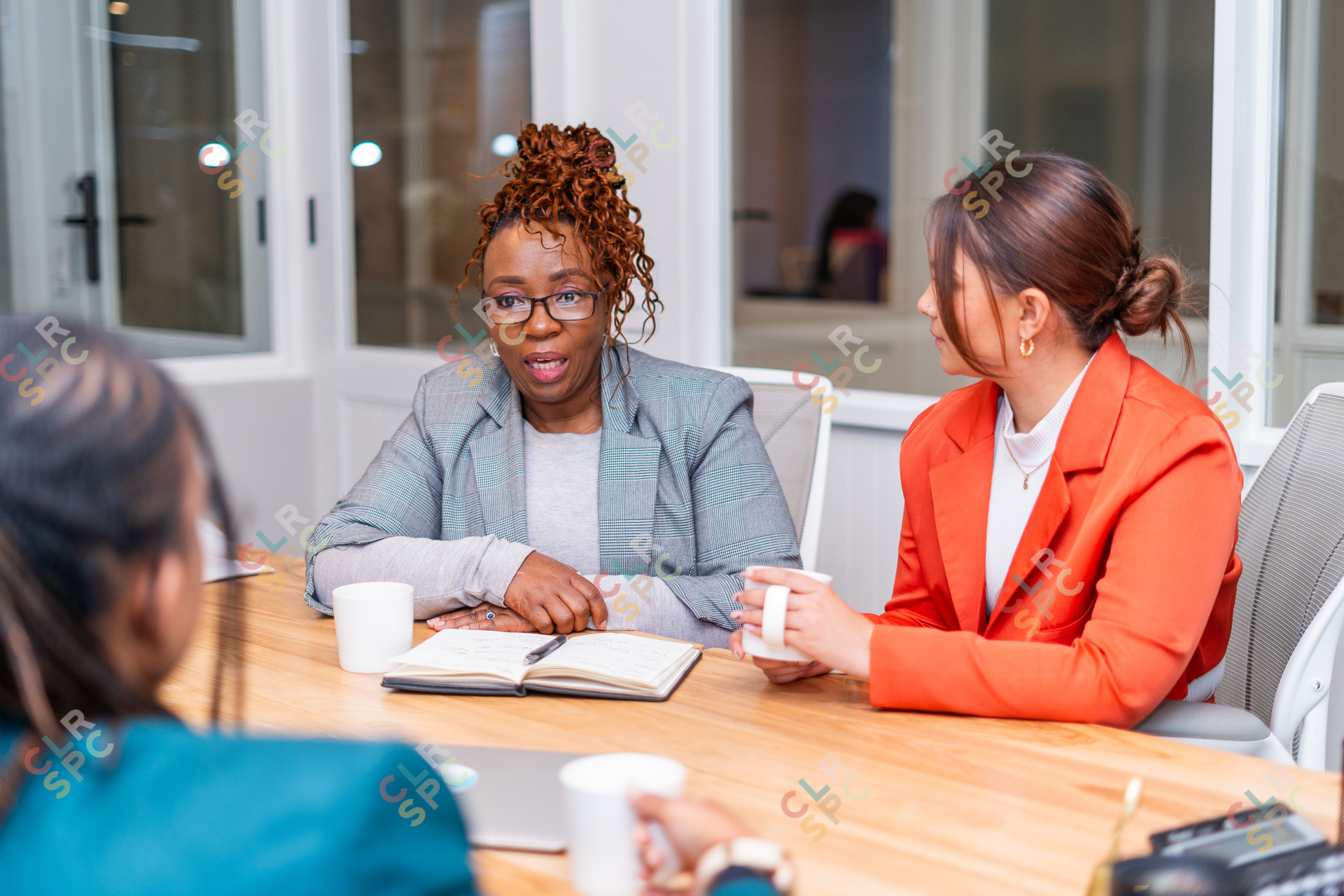 African mature black woman sitting at desk wearing glasses speaking to a candidate at an interview at the office for a job